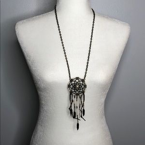 Dream Catcher Long Necklace Beaded Gold White